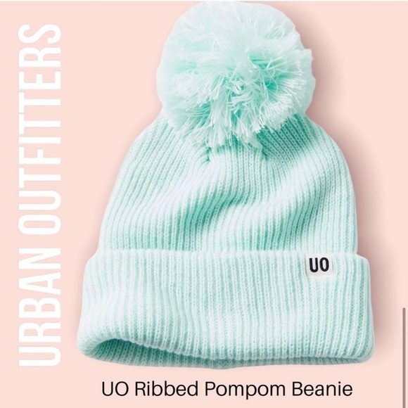 Urban Outfitters UO Ribbed Pompom Green Mint Beanie NWT ❄️🍁 - Picture 1 of 7